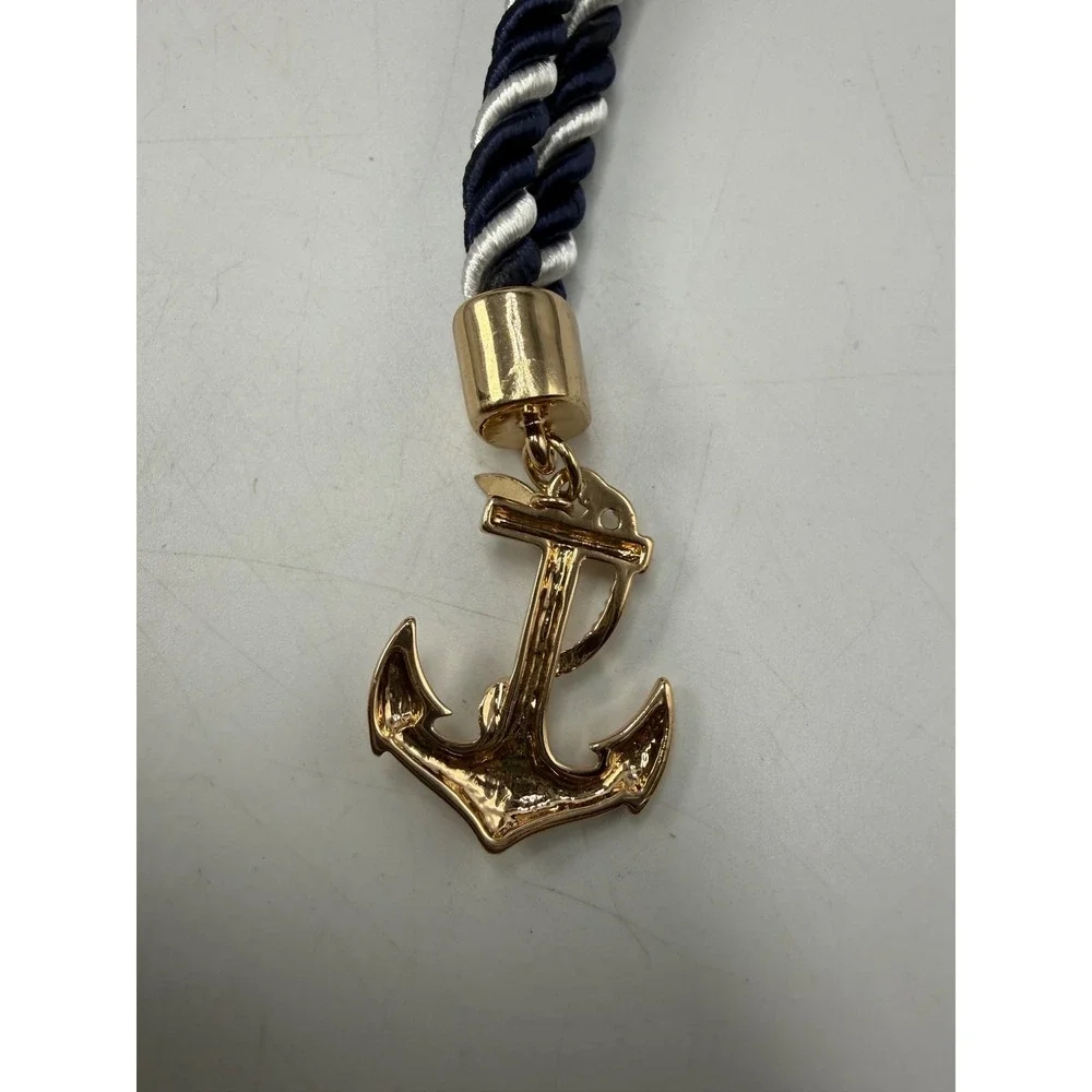 Nautical Anchor Keychain Gold Tone Navy White Twisted Rope Bag Charm 9 Inch